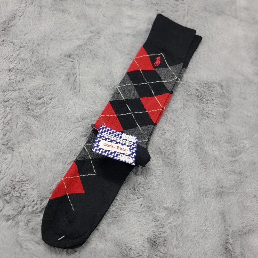 Polo Ralph Lauren Socks Mens 10-13 Black Red Gray Argyle Pony Cotton Over Calf